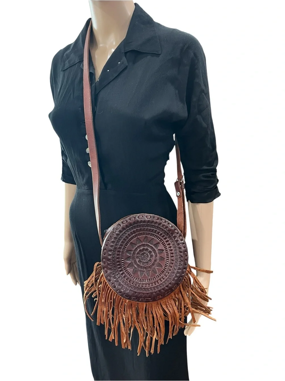 Hand tooled canteen round leather fringe bohemian style crossbody bag